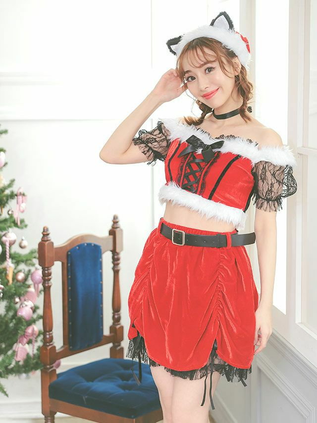 6点セット バスト編み上げリボン オフショルダー ブラックレース 半袖 ベルトフレアミニ ウエストベルト キャット アニマル サンタコスプレ