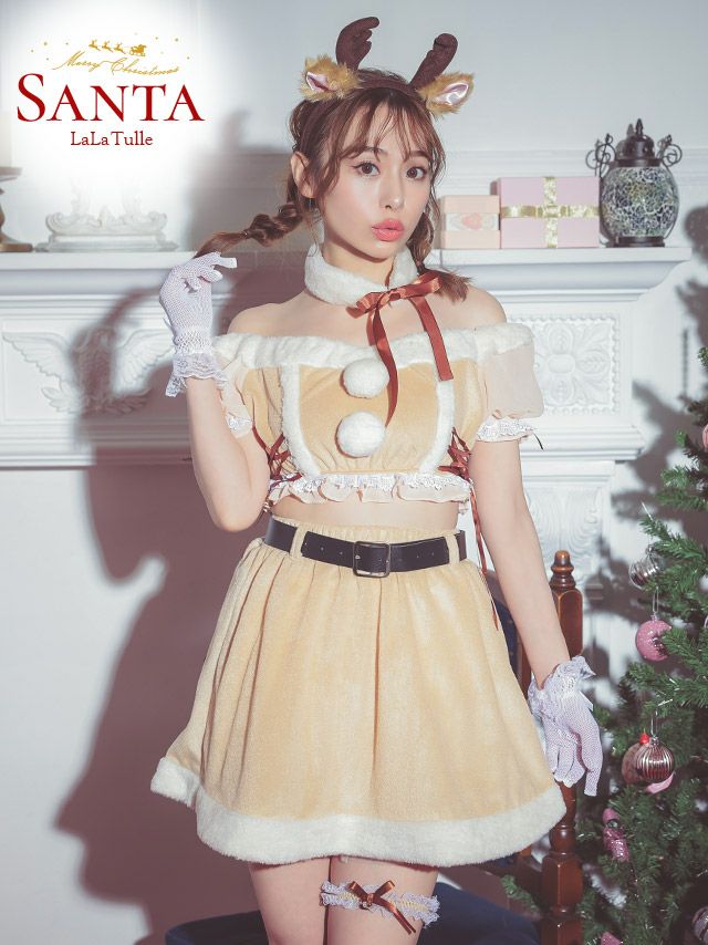 7点セット オフショルダー サイド編み上げリボン トナカイ フレアミニ ウエストベルトセットアップアニマル サンタコスプレ 