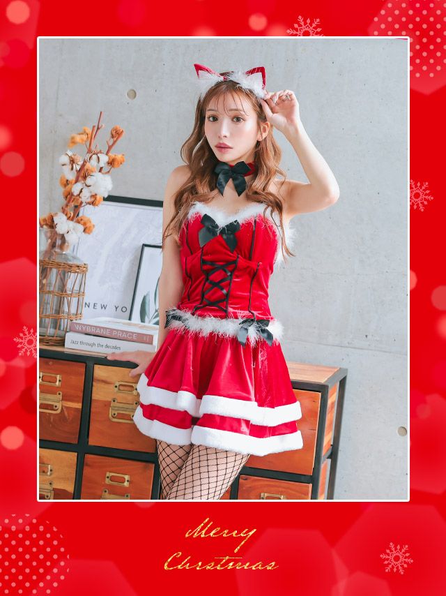 2点セット 猫 ブラックリボン ベロア ベアトップ 2段フレアスカート アニマル サンタコスプレ