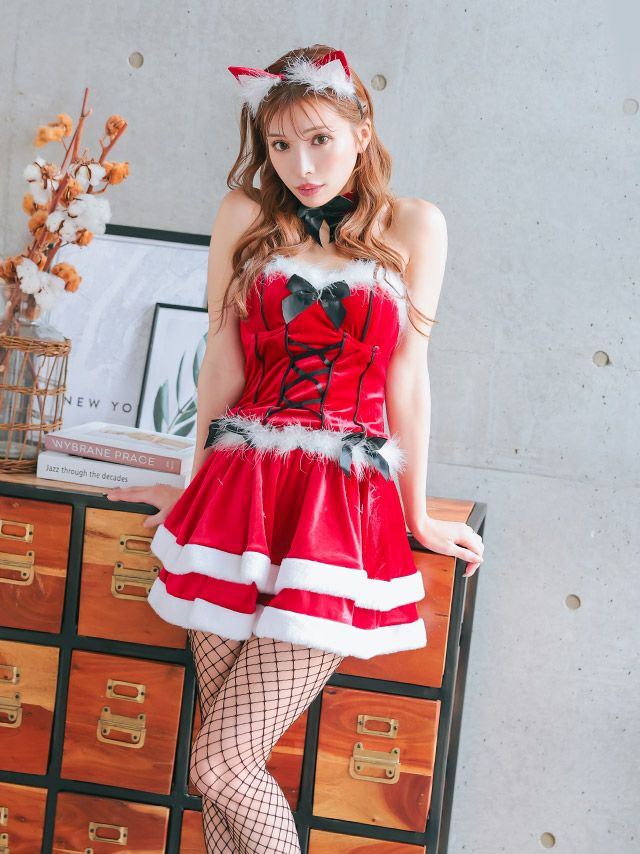 2点セット 猫 ブラックリボン ベロア ベアトップ 2段フレアスカート アニマル サンタコスプレ