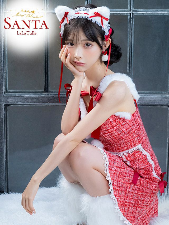 2点セット ガーリー ミックスツイード ウエストカット リボン ふわふわ フレア 猫 アニマル サンタコスドレス