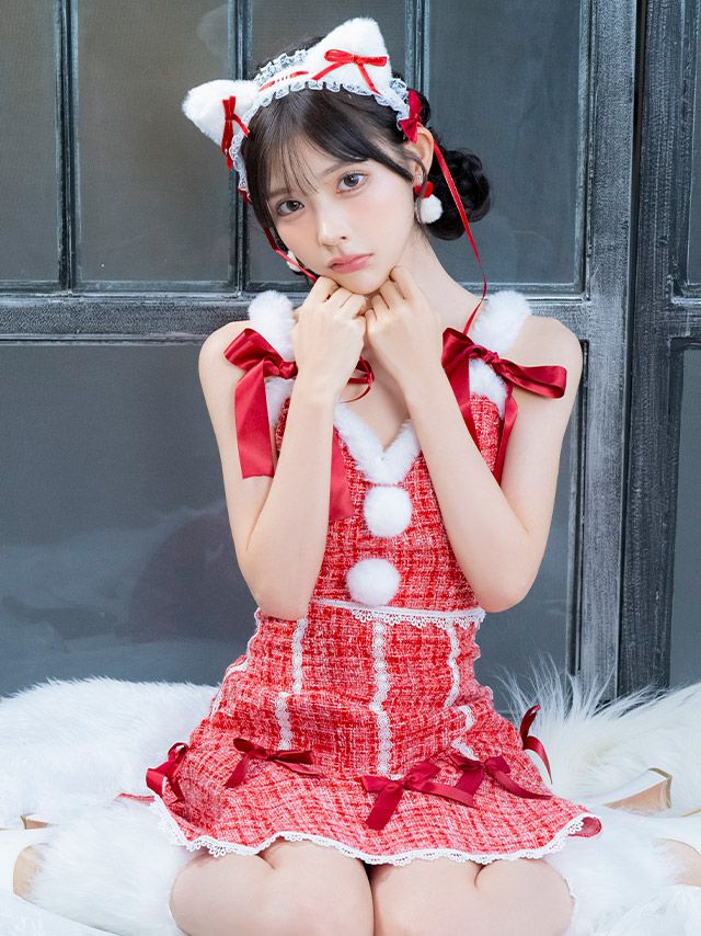 2点セット ガーリー ミックスツイード ウエストカット リボン ふわふわ フレア 猫 アニマル サンタコスドレス