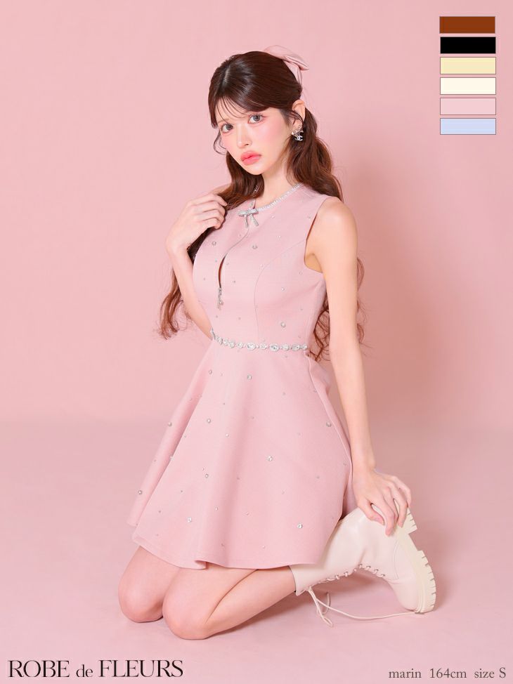 ノースリーブ リボンビジュー サマーツイード ガーリー ジップデザイン フレアミニドレス