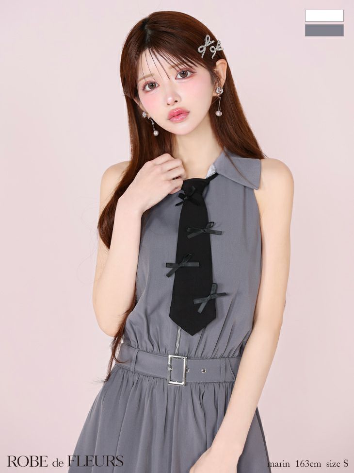 ノースリーブ ジップデザイン 襟付き リボン ネクタイ ウエストベルト ガーリー フレアミニドレス