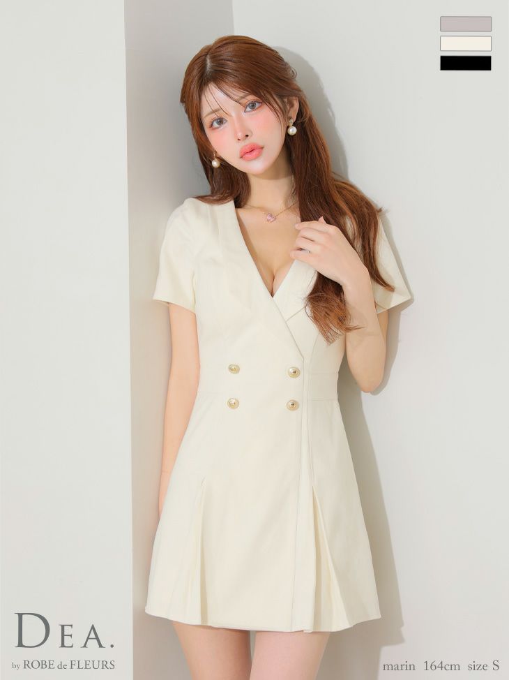 半袖 プリーツ ダブルボタン 襟付き シンプル フレアミニドレス