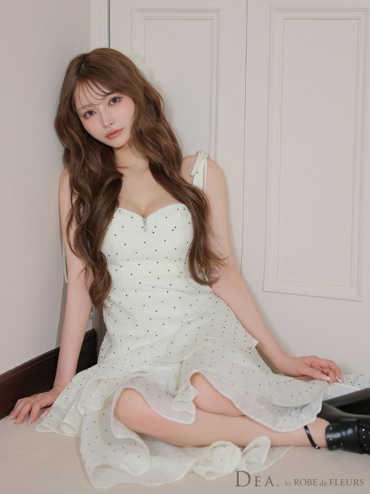 エレガント ノースリーブ リボン オープンバスト ジップデザイン ビジュー ジャガード フリル ティアード ドット柄 Aラインロングドレス