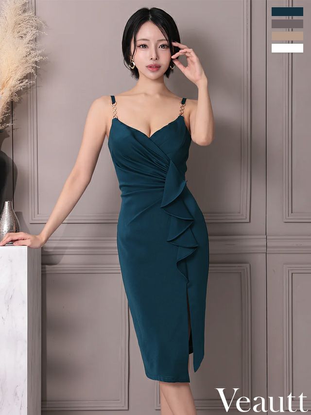 フリル スリット オープンバスト タックデザイン セクシー キャミソール チェーン 膝丈ドレス