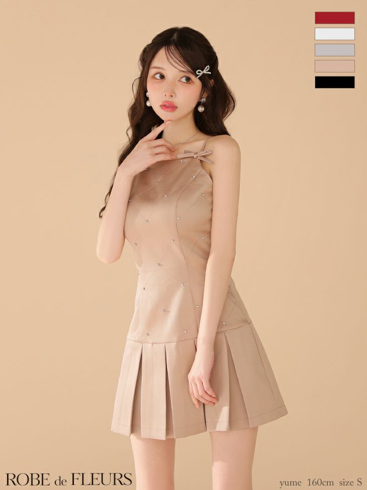 キャミソール ボックスプリーツ ビジュー リボン ガーリー フレアミニドレス