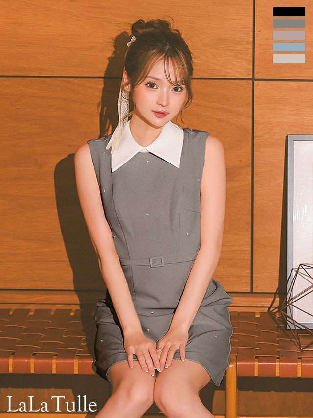 ベルトデザイン シンプル 襟付き ノースリーブ ビジュー タイトミニドレス