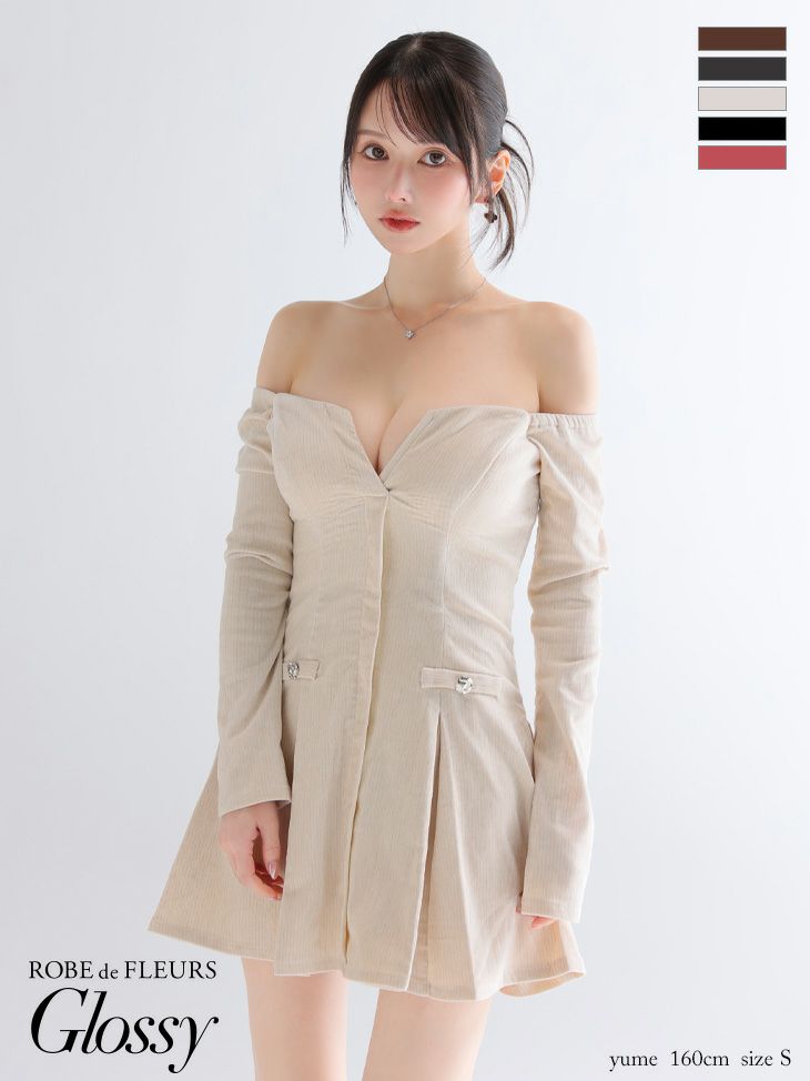 オフショルダー 長袖 バストカット ラメニット プリーツスカート セクシー フレアミニドレス