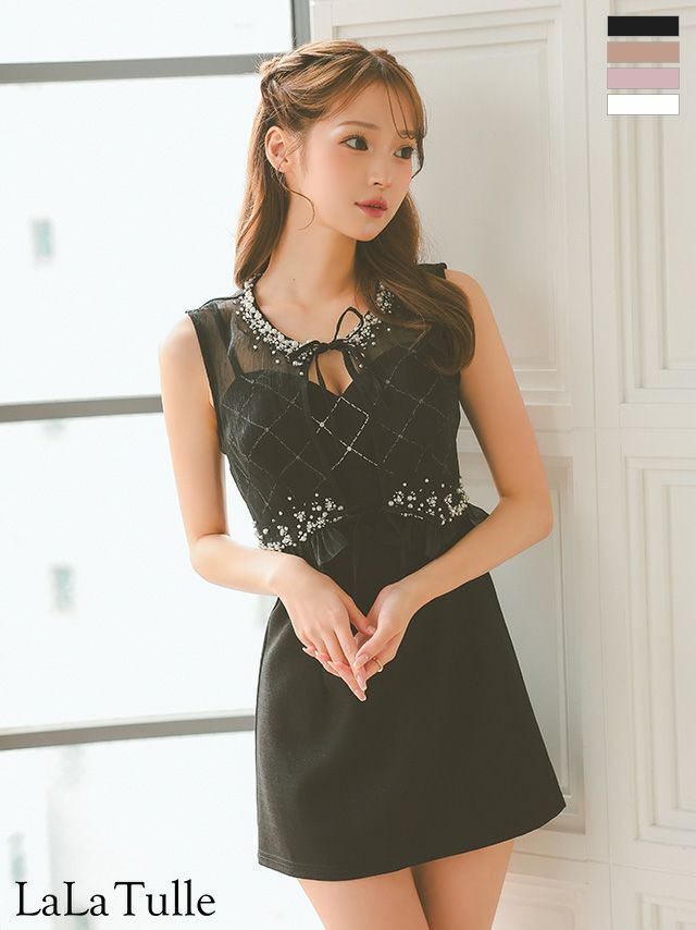 2way ビスチェ風 キャミソール パール ノースリーブ トップス フェミニン フレアミニドレス