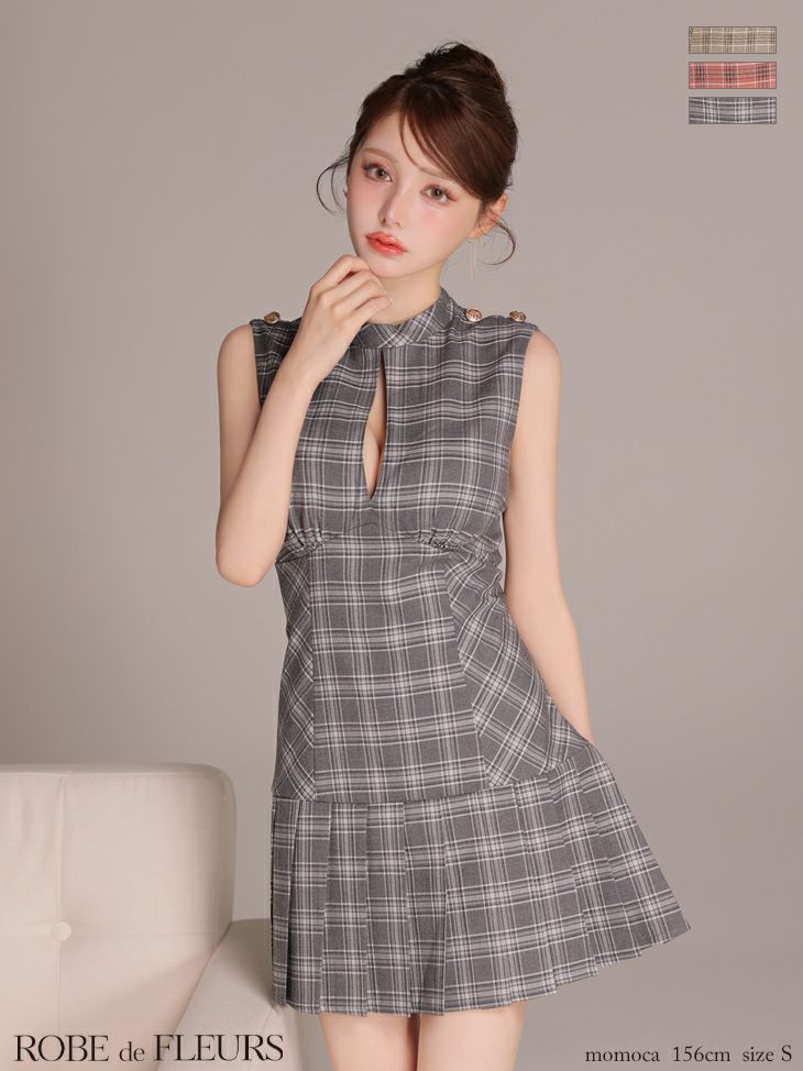 チェック柄 ボックスプリーツ クラシカル ノースリーブ Aラインミニドレス