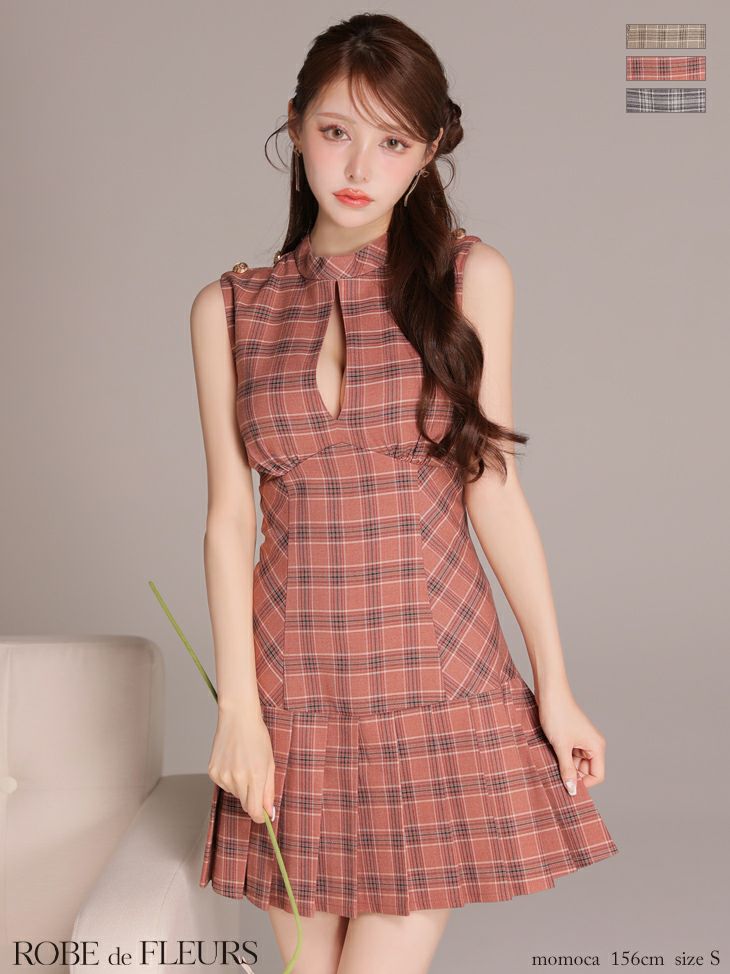 チェック柄 ボックスプリーツ クラシカル ノースリーブ Aラインミニドレス