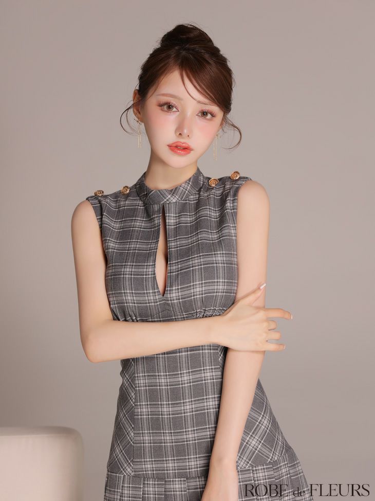 チェック柄 ボックスプリーツ クラシカル ノースリーブ Aラインミニドレス