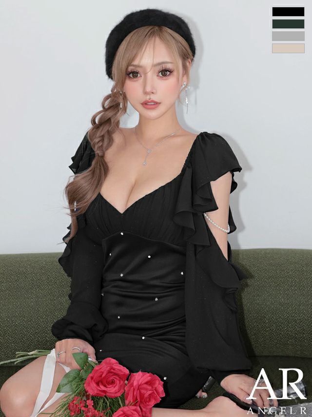 フェミニン バストカット 長袖 フリル スリット パールチェーン ビジュー タイトミニドレス