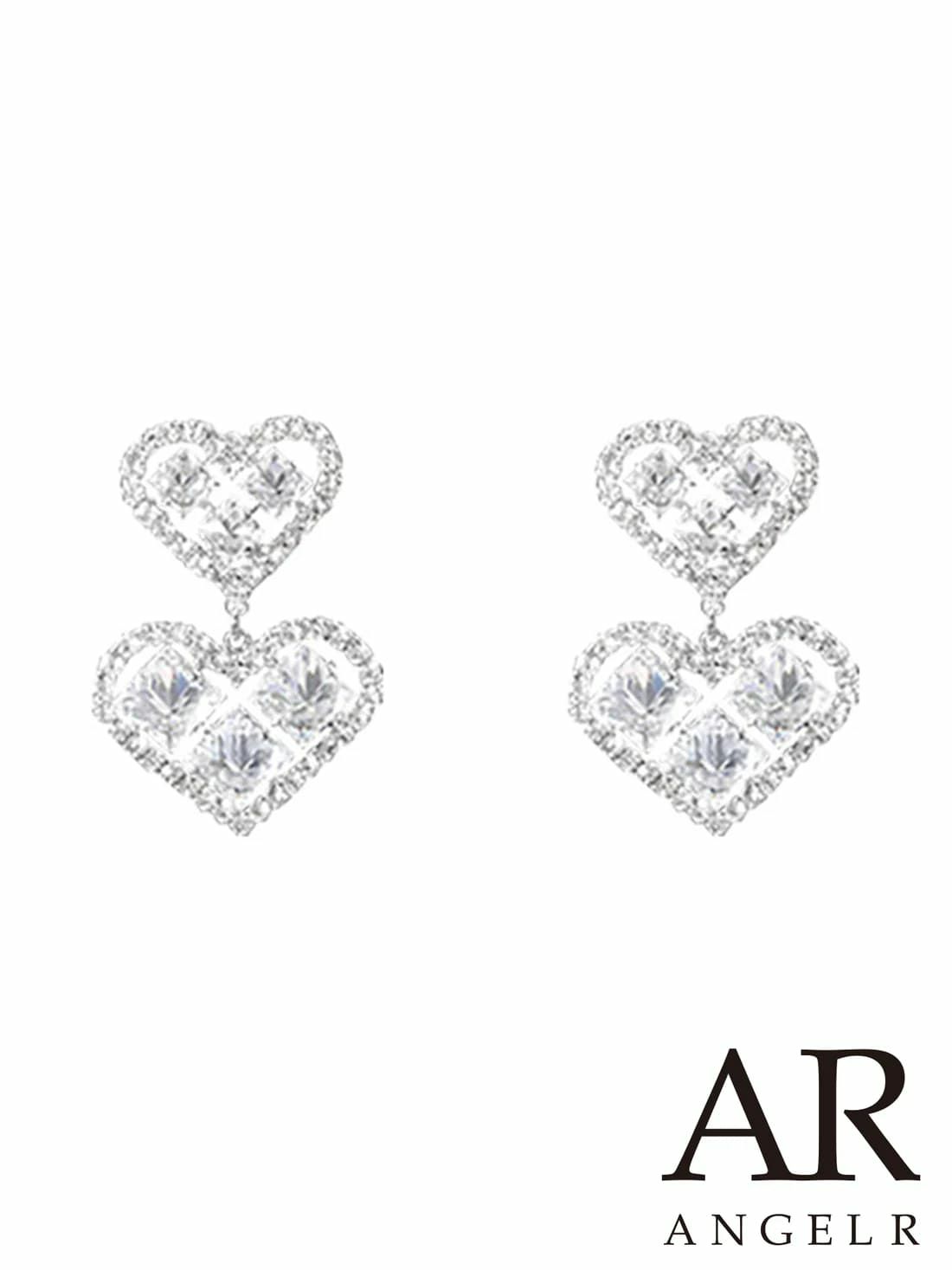 ダブルハート フェミニン ストーン イヤリング