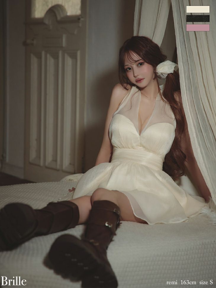 ホルターネック バックオープン ネックリボン チュール フレアミニドレス