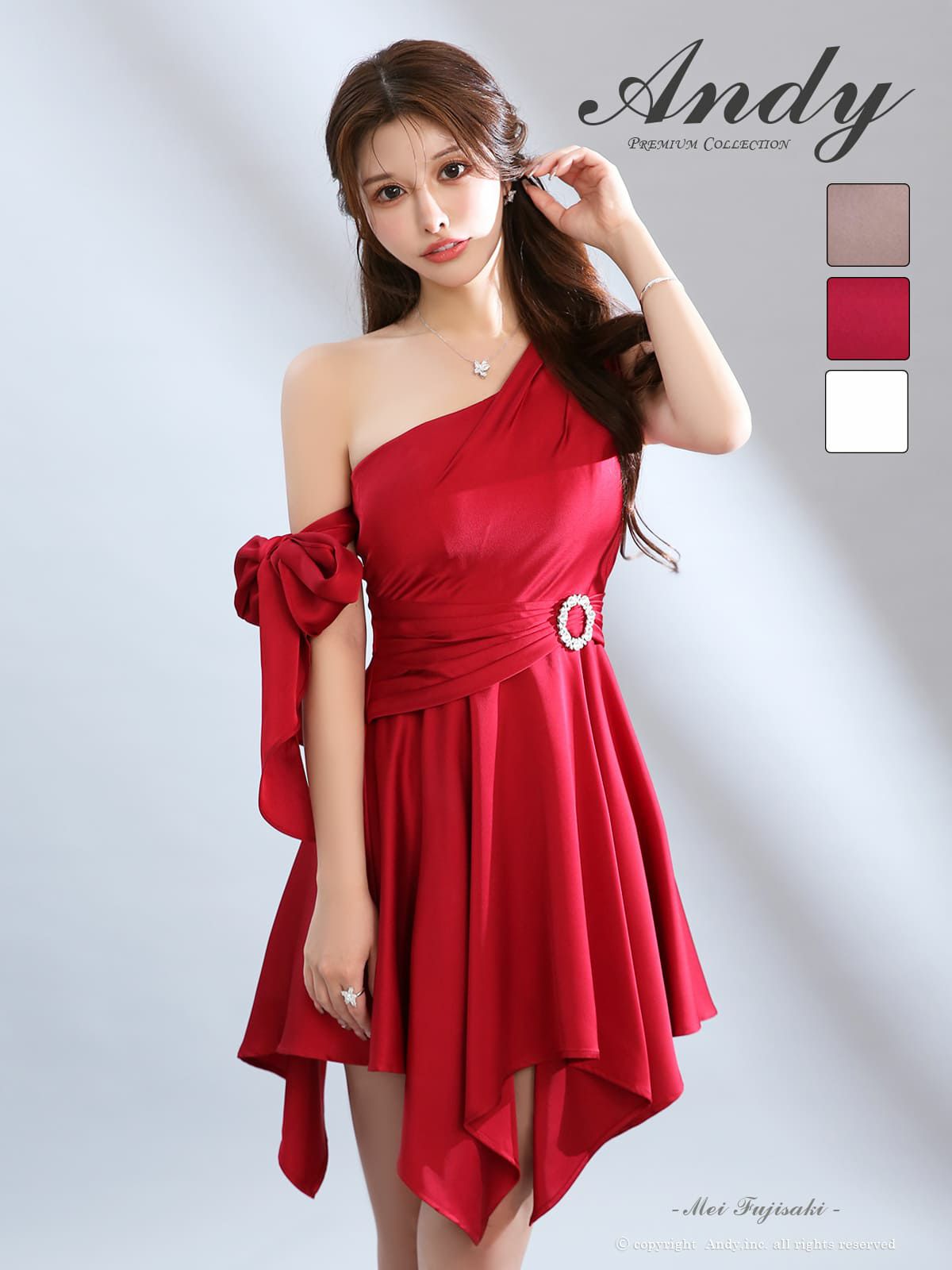 ワンショルダー アームリボン 取り外し可能 アシンメトリー ウエストベルト ビジュー フレアミニドレス