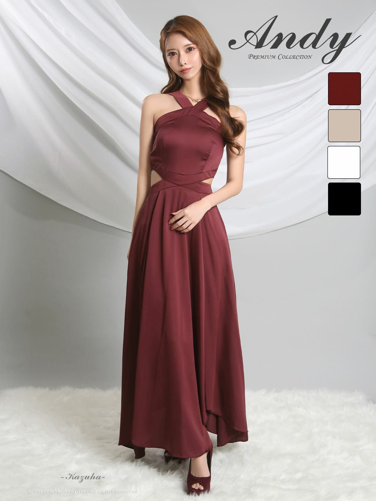 クロスデザイン ウエストカット ホルターネック バックカット サテン アシンメトリー Aラインロングドレス