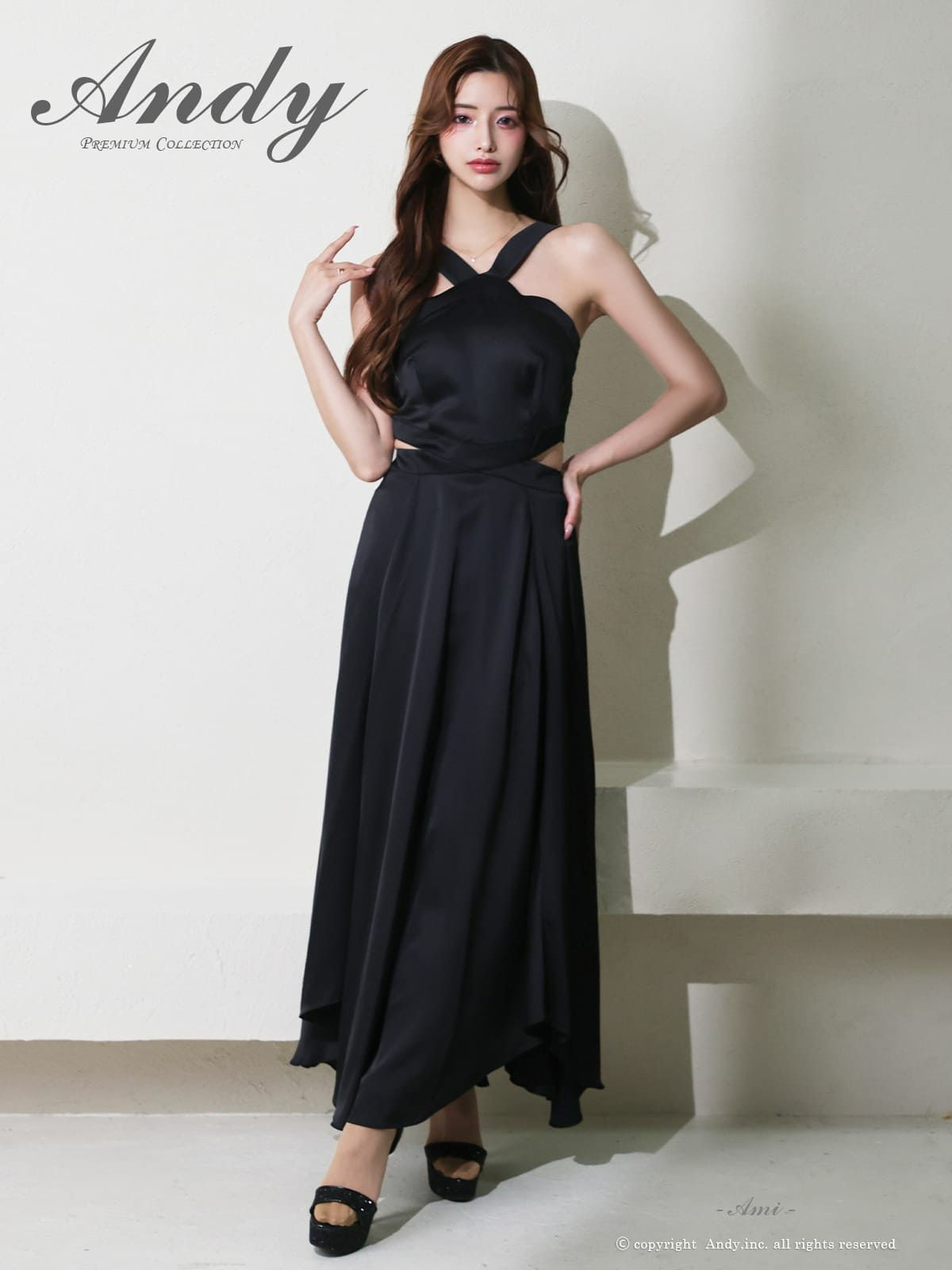 クロスデザイン ウエストカット ホルターネック バックカット サテン アシンメトリー Aラインロングドレス