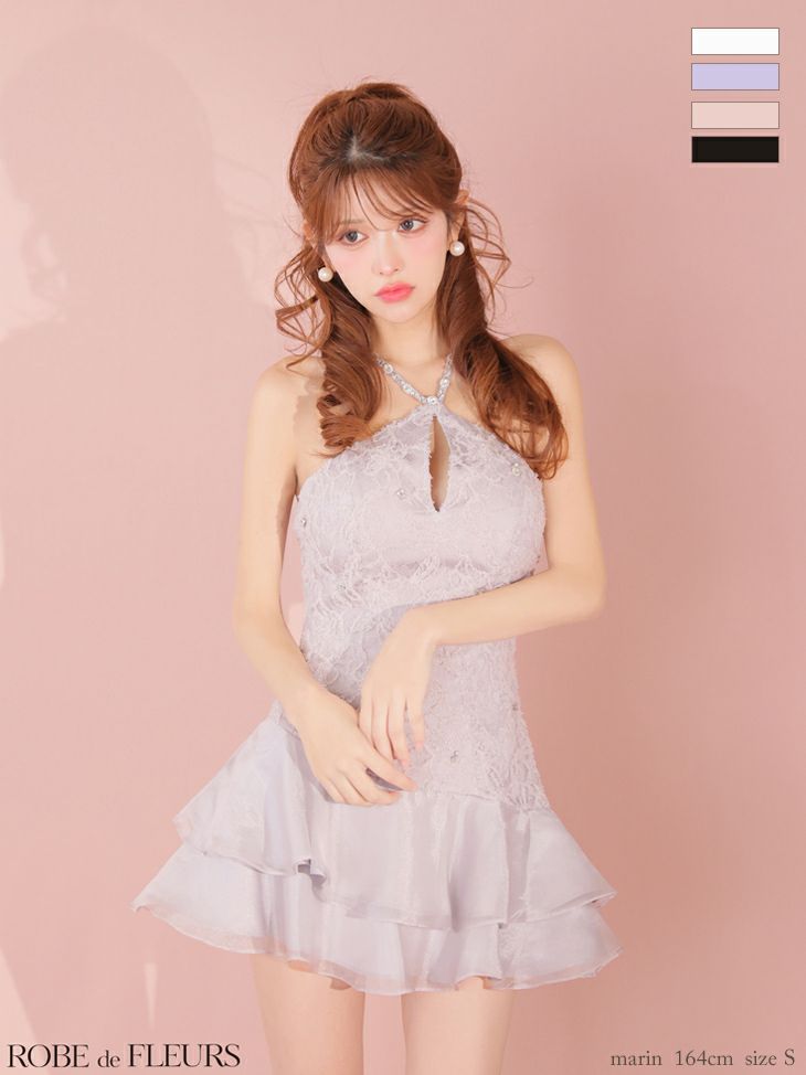 ティアード ガーリー ホルターネック フラワーレース フレアミニドレス