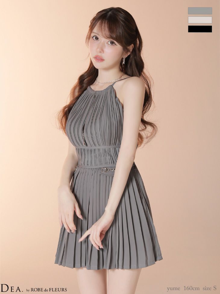 ホルターネック プリーツ ティアード ジップデザイン ハイネック エレガント フレアミニドレス