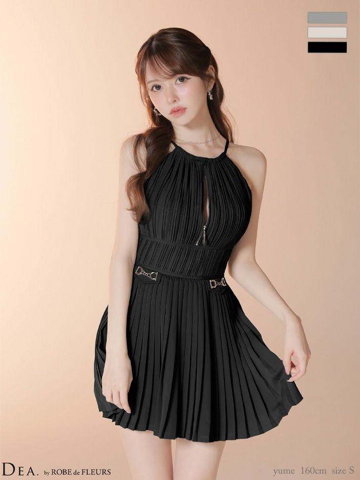 ホルターネック プリーツ ティアード ジップデザイン ハイネック エレガント フレアミニドレス