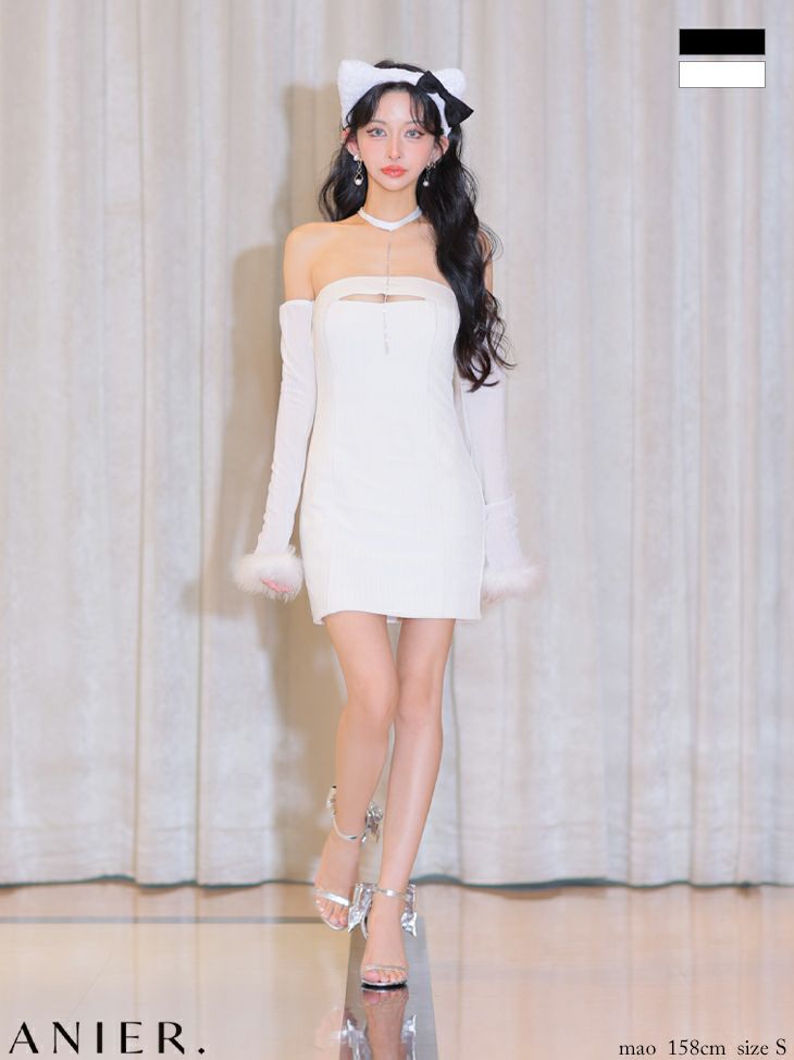 ラメ モノトーン 長袖 ベアトップ セクシー 猫 タイトミニドレス