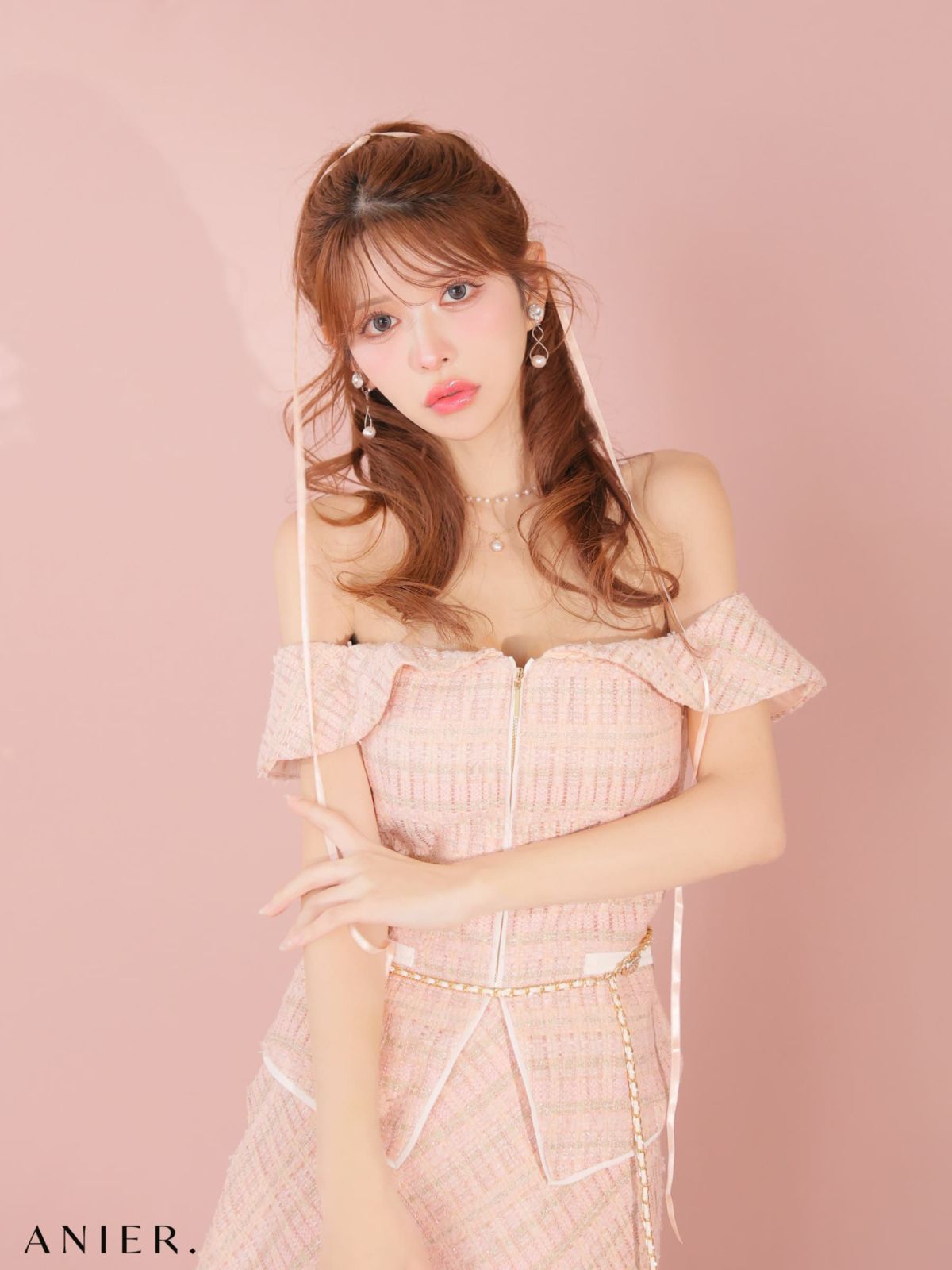 ジップデザイン ツイード オフショルダー バニー アニマル タイトミニドレス