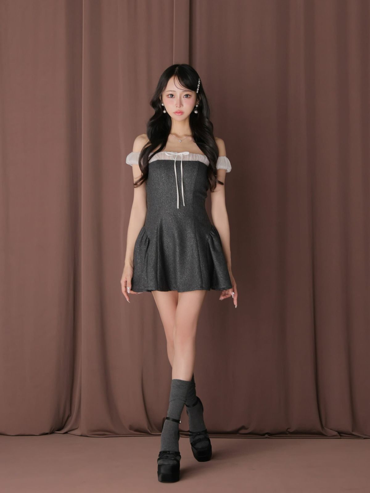 オフショルダー ガーリー グリッター シフォン リボン フレアミニドレス