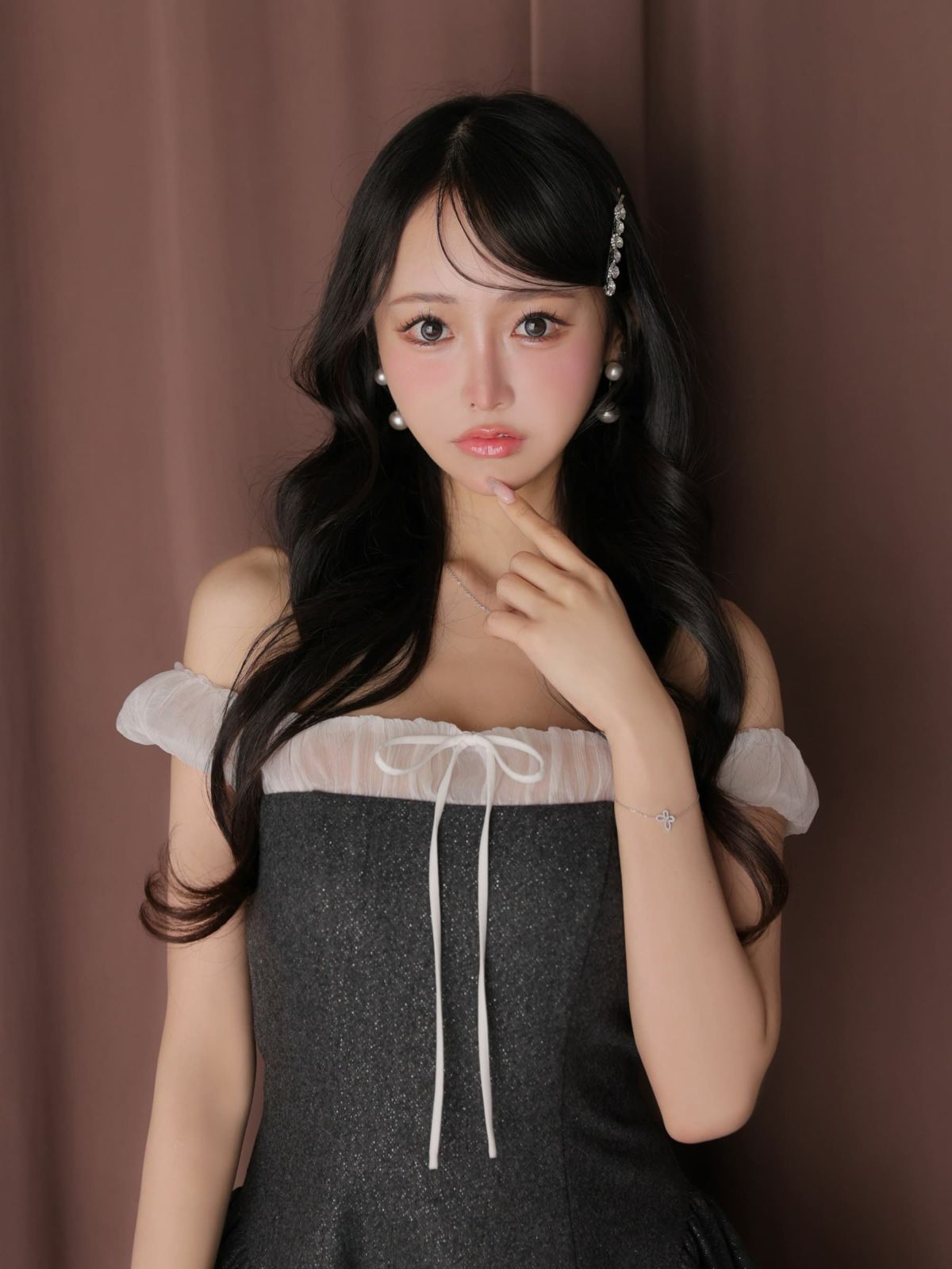 オフショルダー ガーリー グリッター シフォン リボン フレアミニドレス