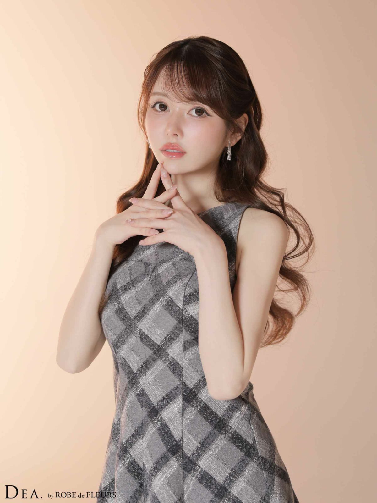 ハイネック ノースリーブ ツイード チェック柄 フレアミニドレス