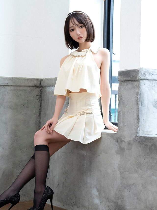 ノースリーブ プリーツスカート リボン セットアップ 襟付き ポケット チェーン フレアミニドレス