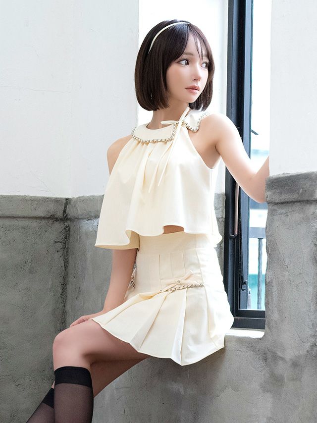 ノースリーブ プリーツスカート リボン セットアップ 襟付き ポケット チェーン フレアミニドレス