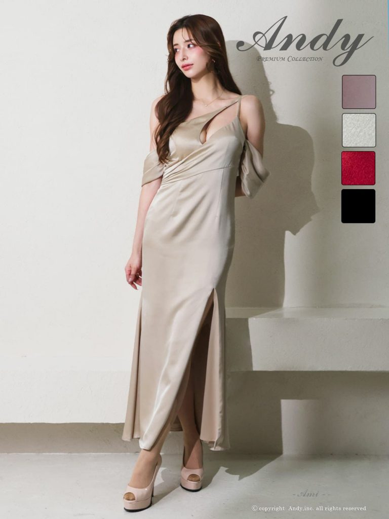 バストカット ワンショルダー クロスデザイン タック スリット タイトロングドレス