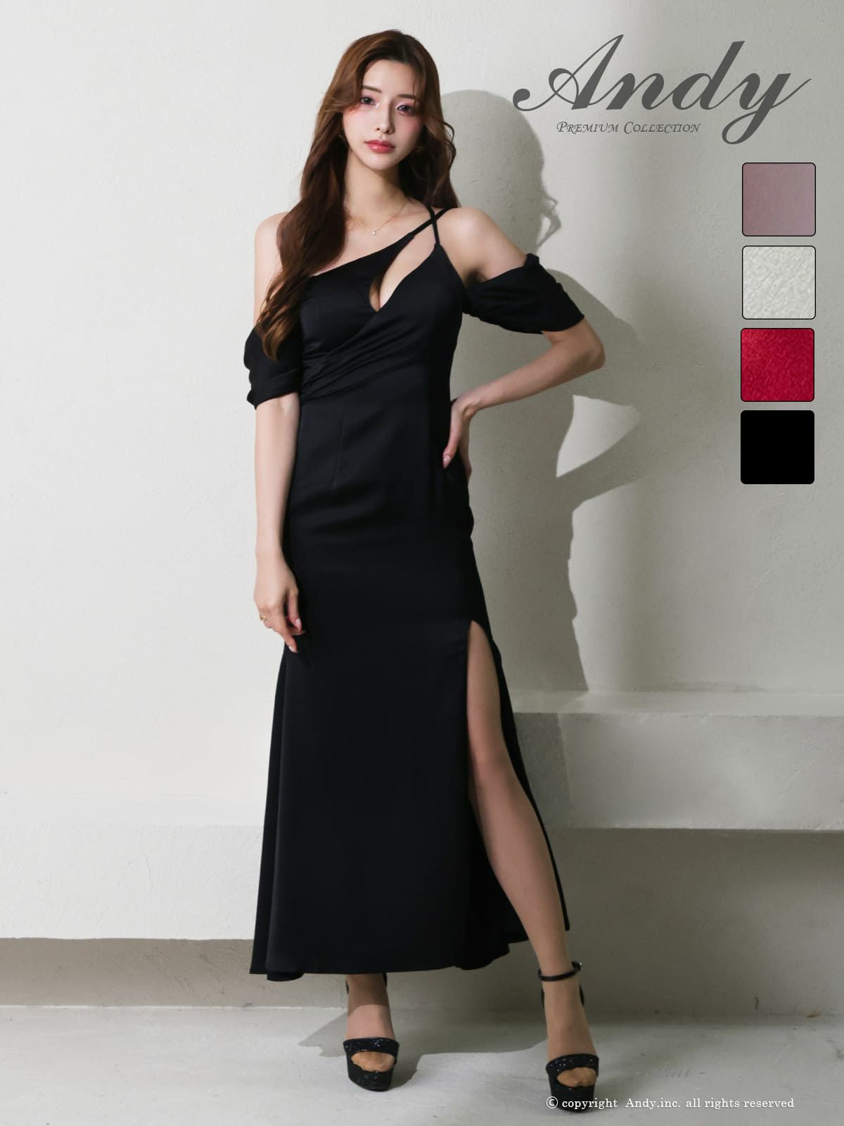 バストカット ワンショルダー クロスデザイン タック スリット タイトロングドレス