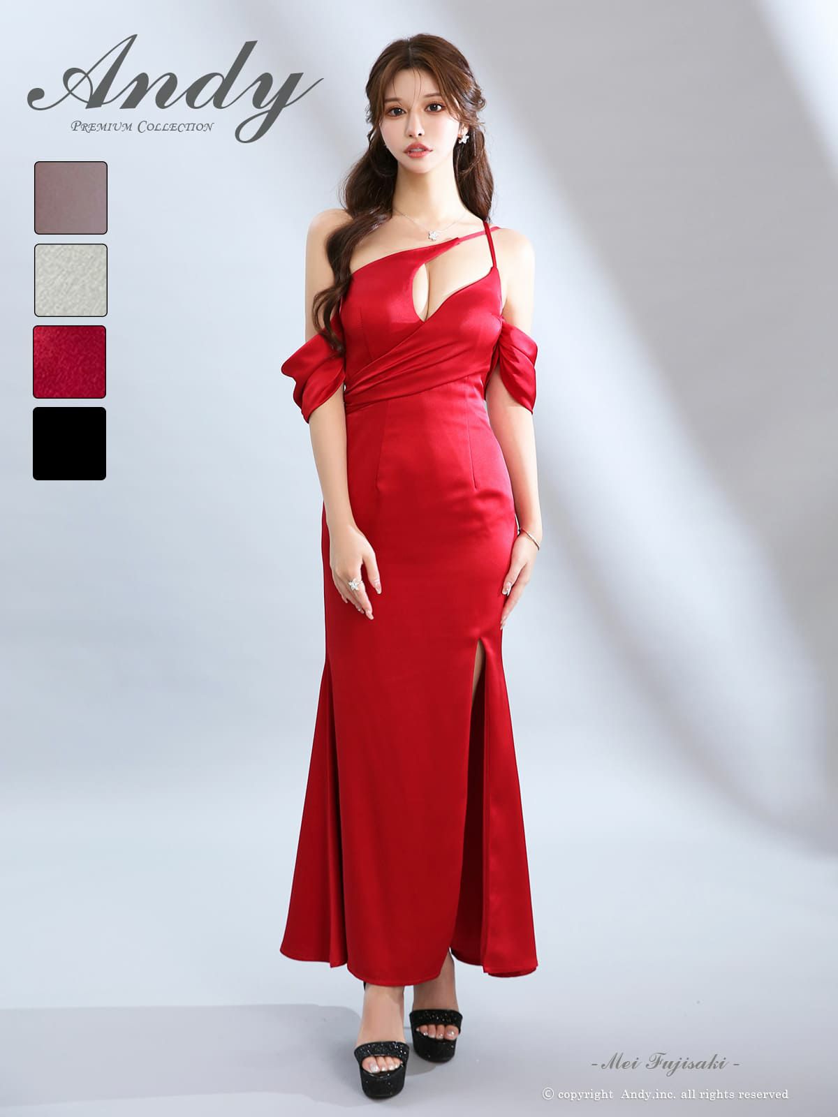 バストカット ワンショルダー クロスデザイン タック スリット タイトロングドレス