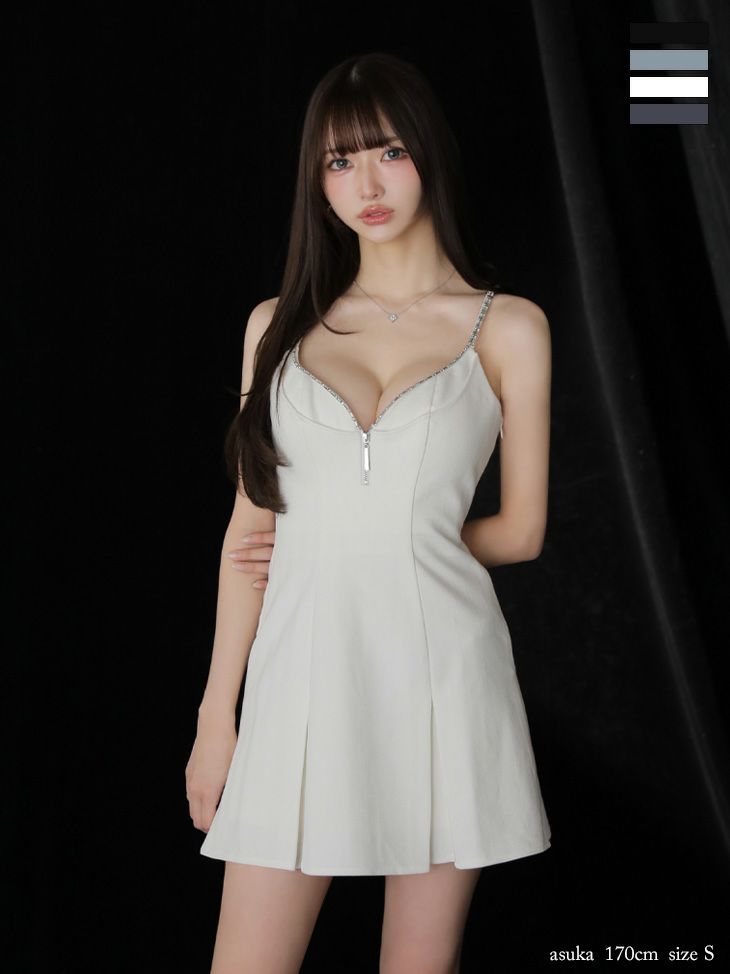 キャミソール ジップデザイン バックオープン シンプル Vカット プリーツスカート フレアミニドレス