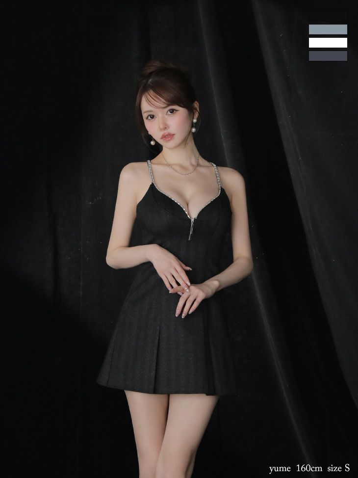 キャミソール ジップデザイン バックオープン シンプル Vカット プリーツスカート フレアミニドレス