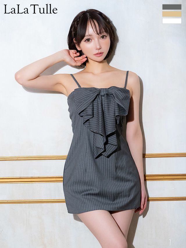 ビックリボン ストライプ キャミソール ガーリー ベアトップ Aラインミニドレス