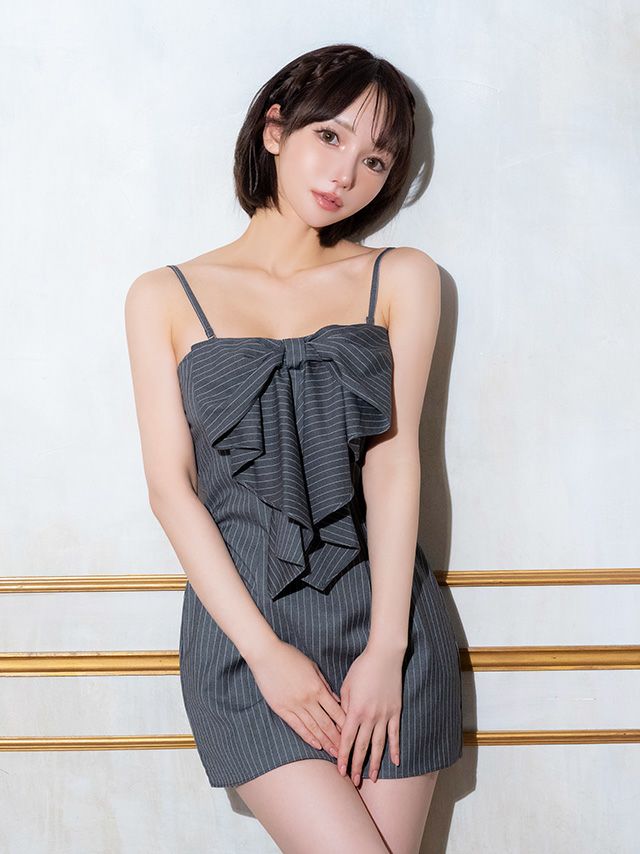 ビックリボン ストライプ キャミソール ガーリー ベアトップ Aラインミニドレス