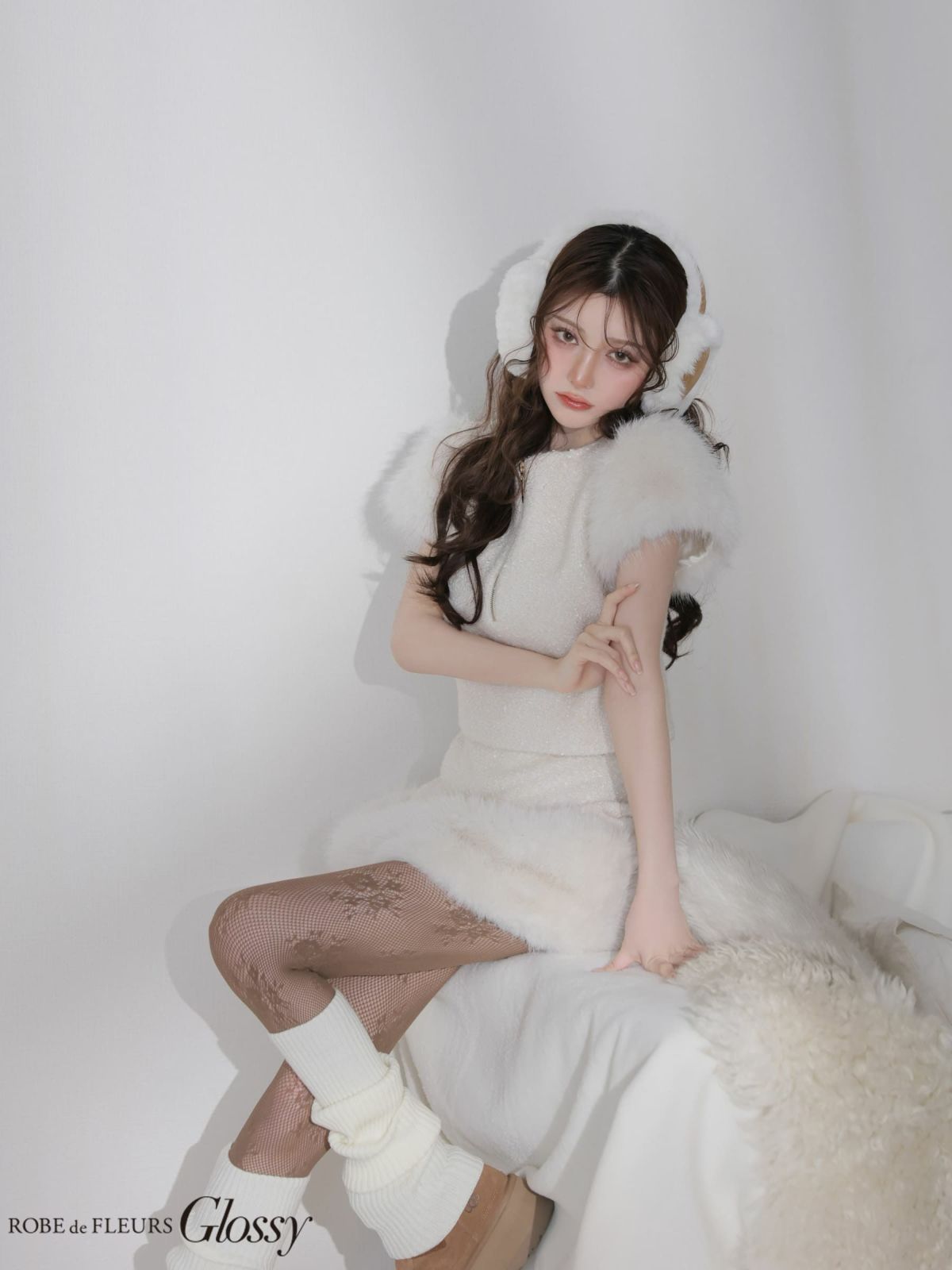 ブークレニットツイード 袖あり セットアップ ジップデザイン 袖ファー タイトミニドレス