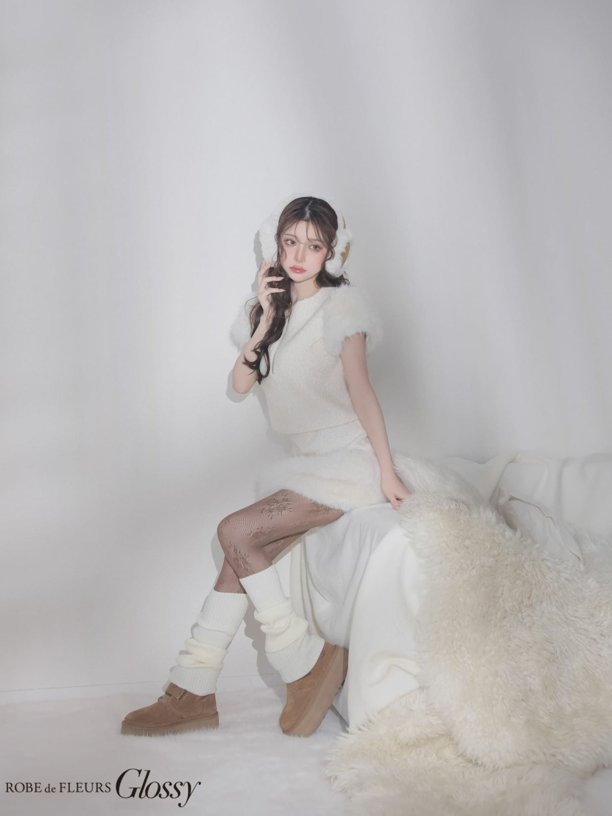 ブークレニットツイード 袖あり セットアップ ジップデザイン 袖ファー タイトミニドレス