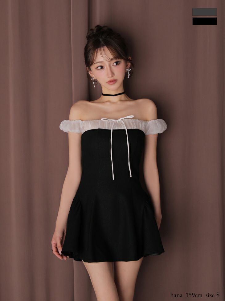 オフショルダー シフォン リボン ガーリー グリッター フレアミニドレス