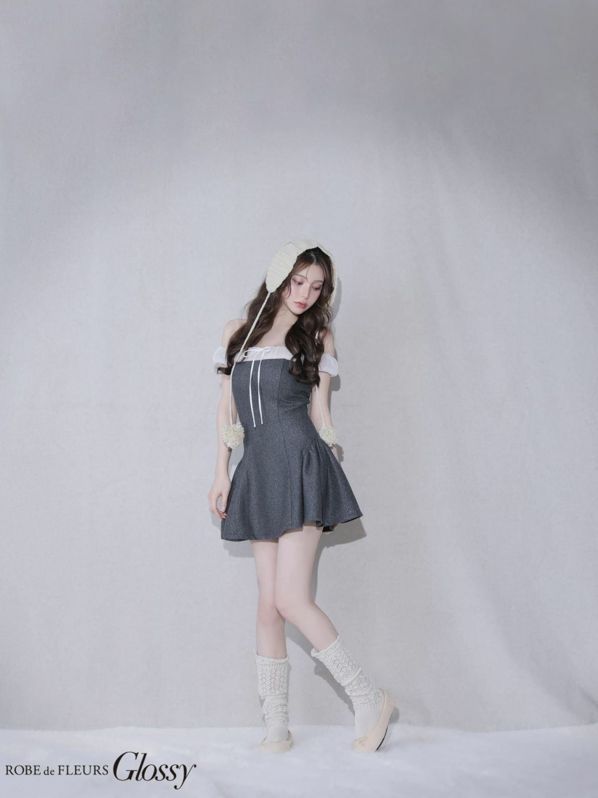 オフショルダー シフォン リボン ガーリー グリッター フレアミニドレス