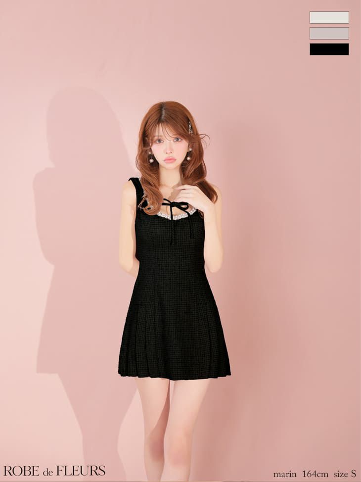 バストリボン プリーツスカート ノースリーブ ラメツイード ビジューライン フレアミニドレス