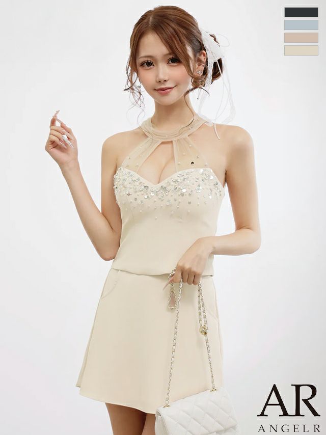 ホルターネック リボン ビジュー メッシュ オープンバスト ポケット セットアップ フレアミニドレス