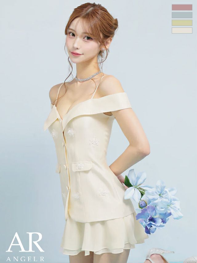 肩あき オープンバスト フロントボタン ポケット フラワー シフォン フレアミニドレス