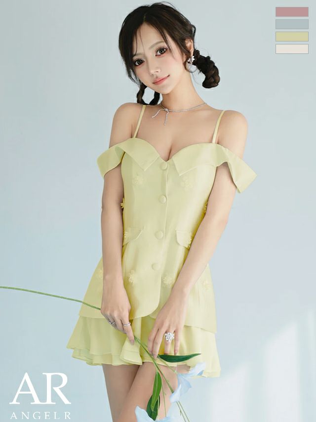 肩あき オープンバスト フロントボタン ポケット フラワー シフォン フレアミニドレス