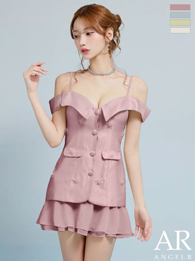 肩あき オープンバスト フロントボタン ポケット フラワー シフォン フレアミニドレス